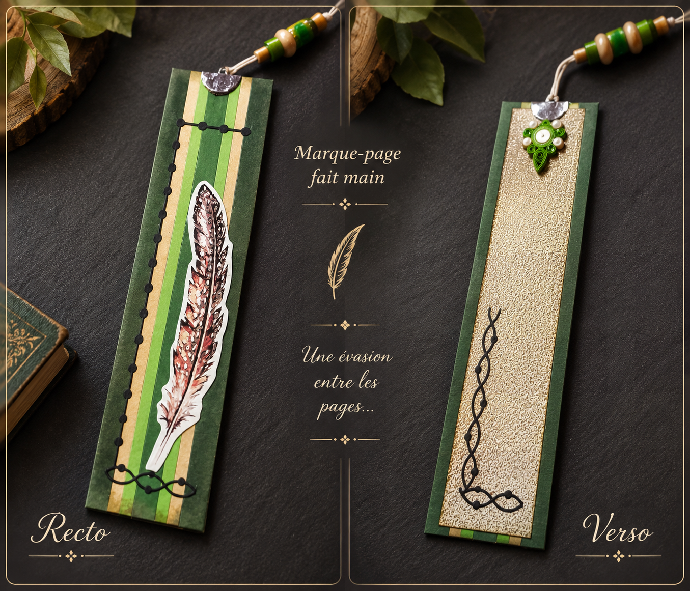 Marque-page artisanal recto verso réf AQ-MP-MA001